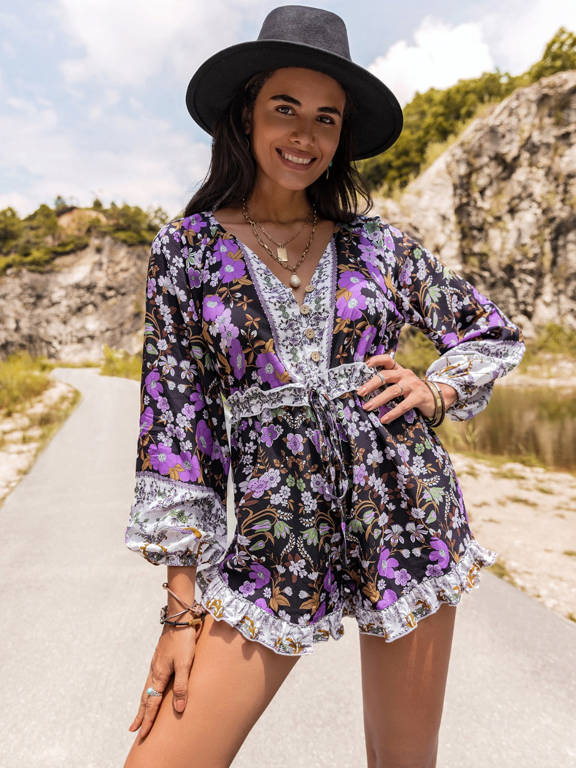 Printed Frill Half Button Balloon Sleeve Romper Sunset and Swim   