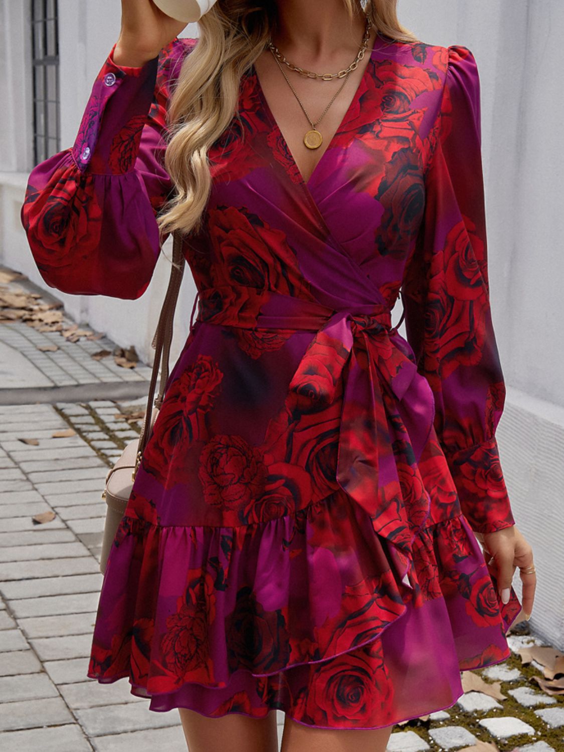 Ruffled Printed Surplice Long Sleeve Mini Dress Sunset and Swim Scarlet S 