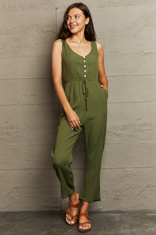 Tied Sleeveless Jumpsuit with Pockets  Sunset and Swim Moss S 