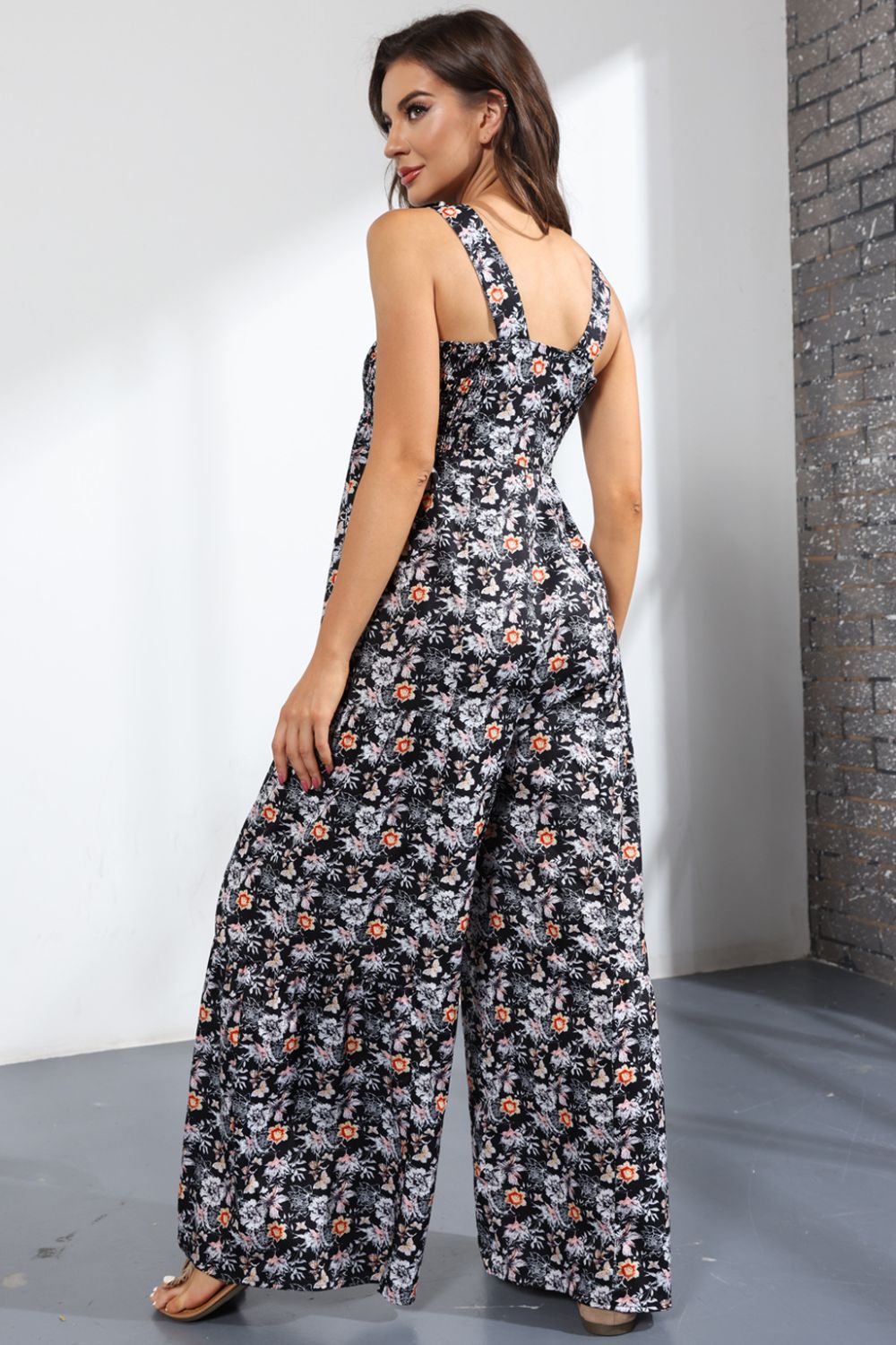 Floral Square Neck Wide Leg Jumpsuit Sunset and Swim   