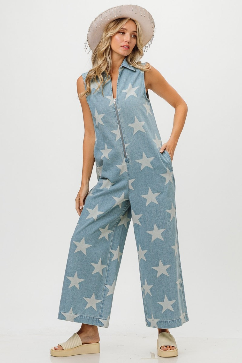 BiBi Star Print Half Zip Sleeveless Denim Jumpsuit Sunset and Swim   