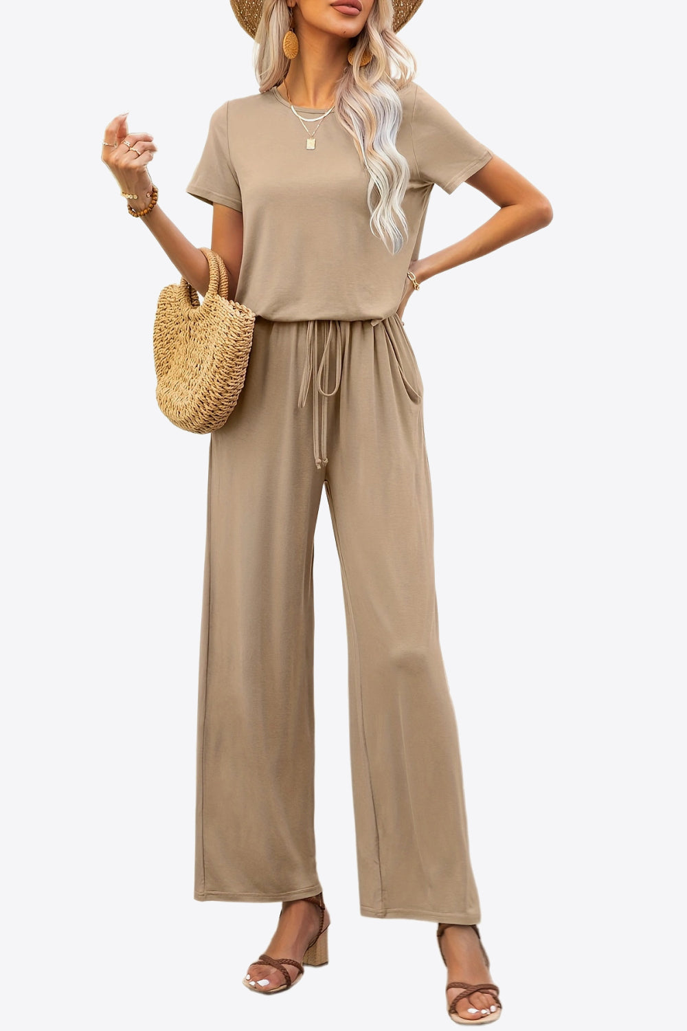 Round Neck Short Sleeve Jumpsuit with Pockets Sunset and Swim   