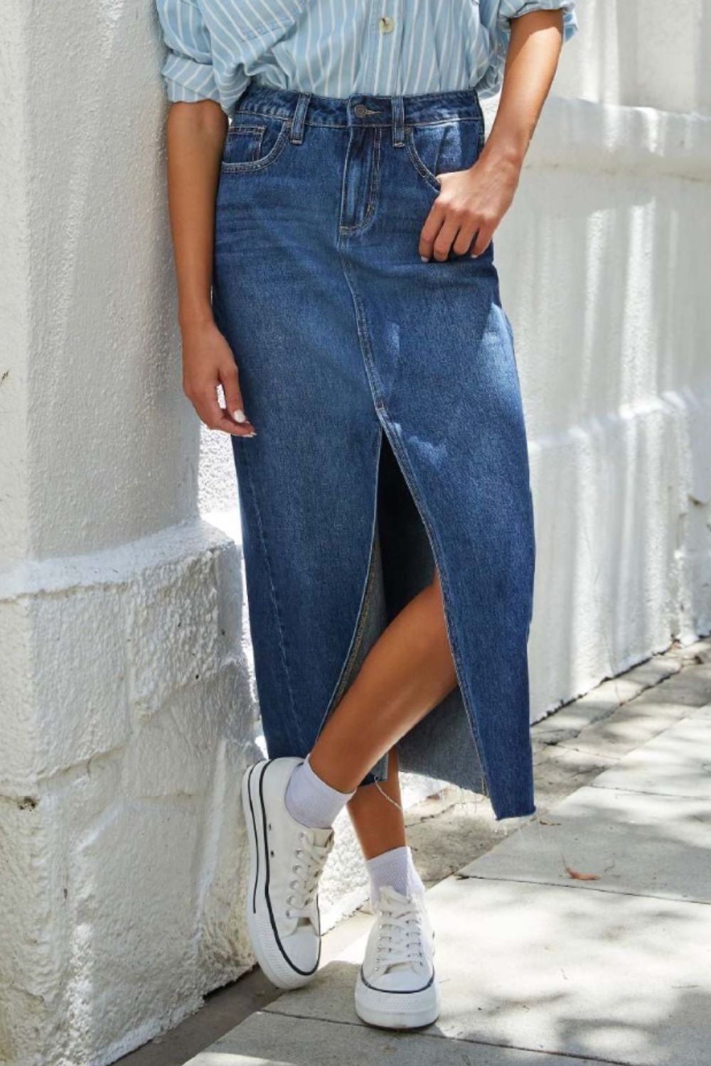 Slit Raw Hem Midi Denim Skirt  Sunset and Swim   