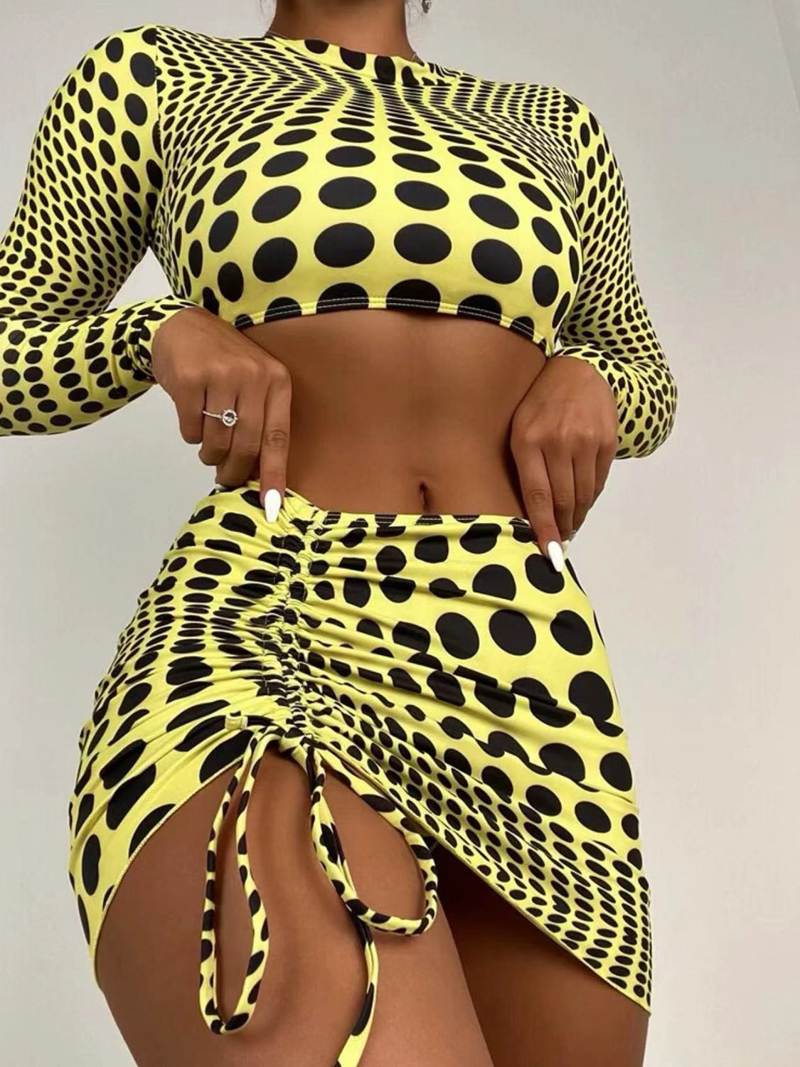 Polka Dot Long Sleeve Three-Piece Swim Set Sunset and Swim Butter Yellow S 