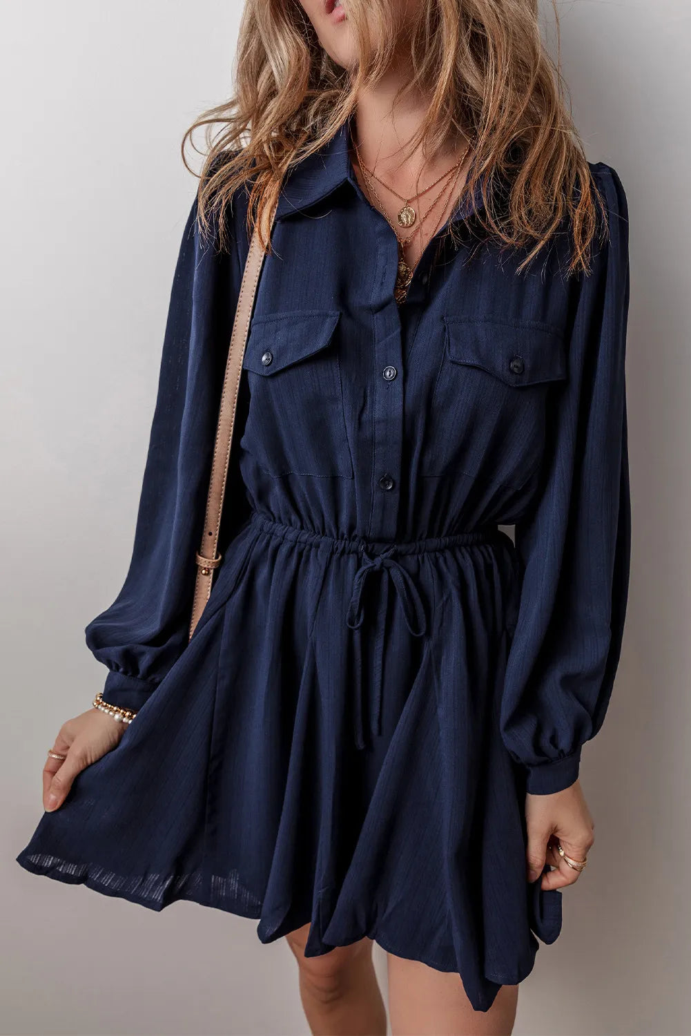 Drawstring Half Button Long Sleeve Dress Sunset and Swim Dark Navy S 