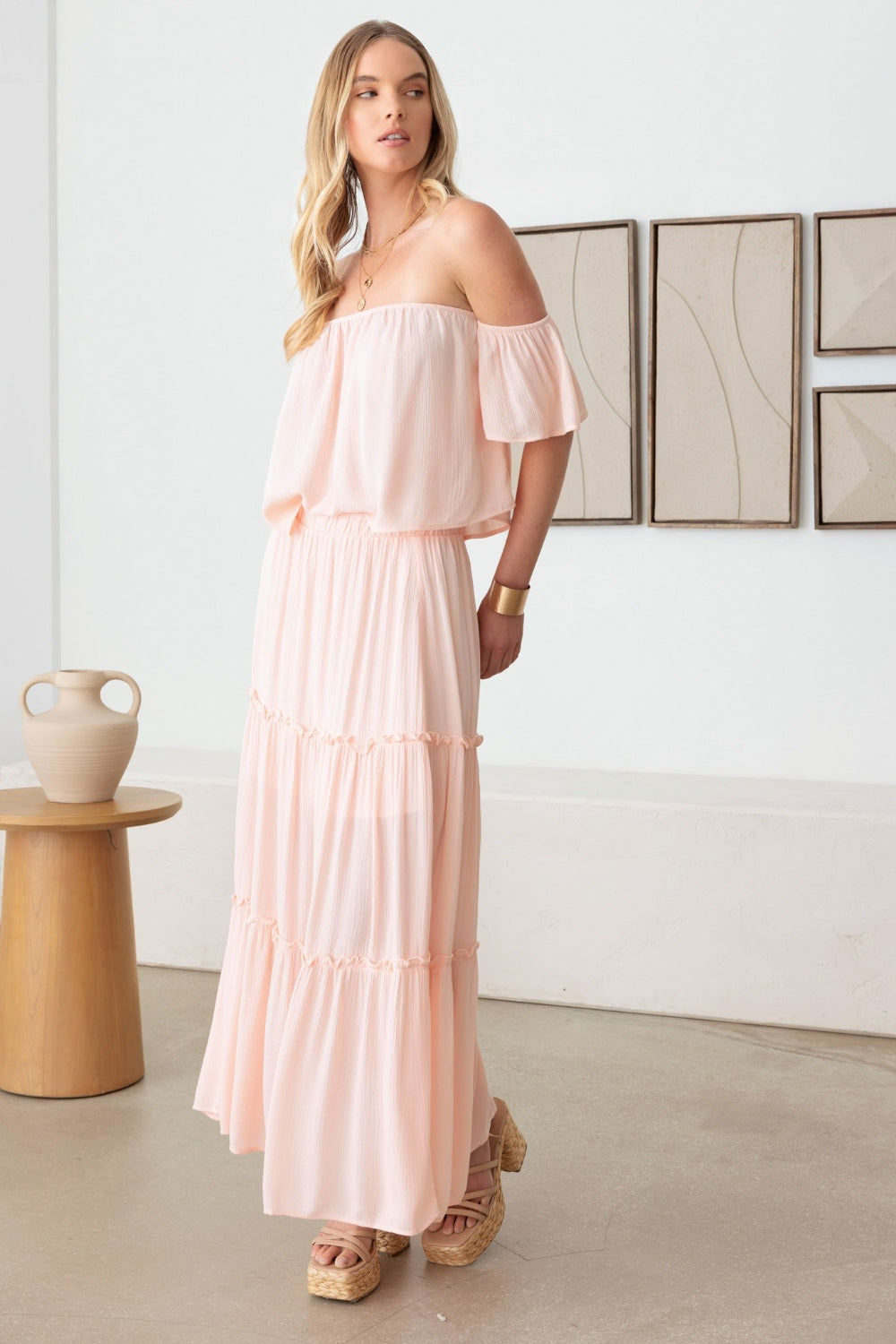 Sunset Vacation Frill Off-Shoulder Tiered Dress Sunset and Swim   