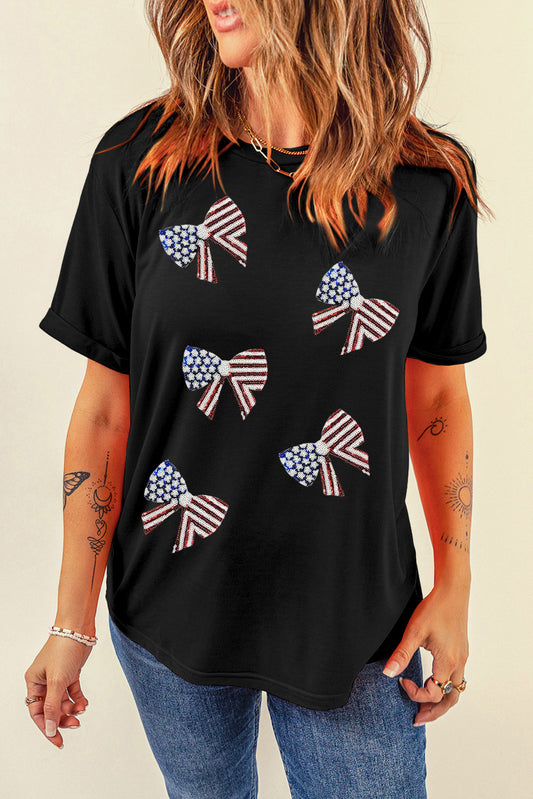 US Flag Round Neck Short Sleeve T-Shirt  Sunset and Swim Black S 