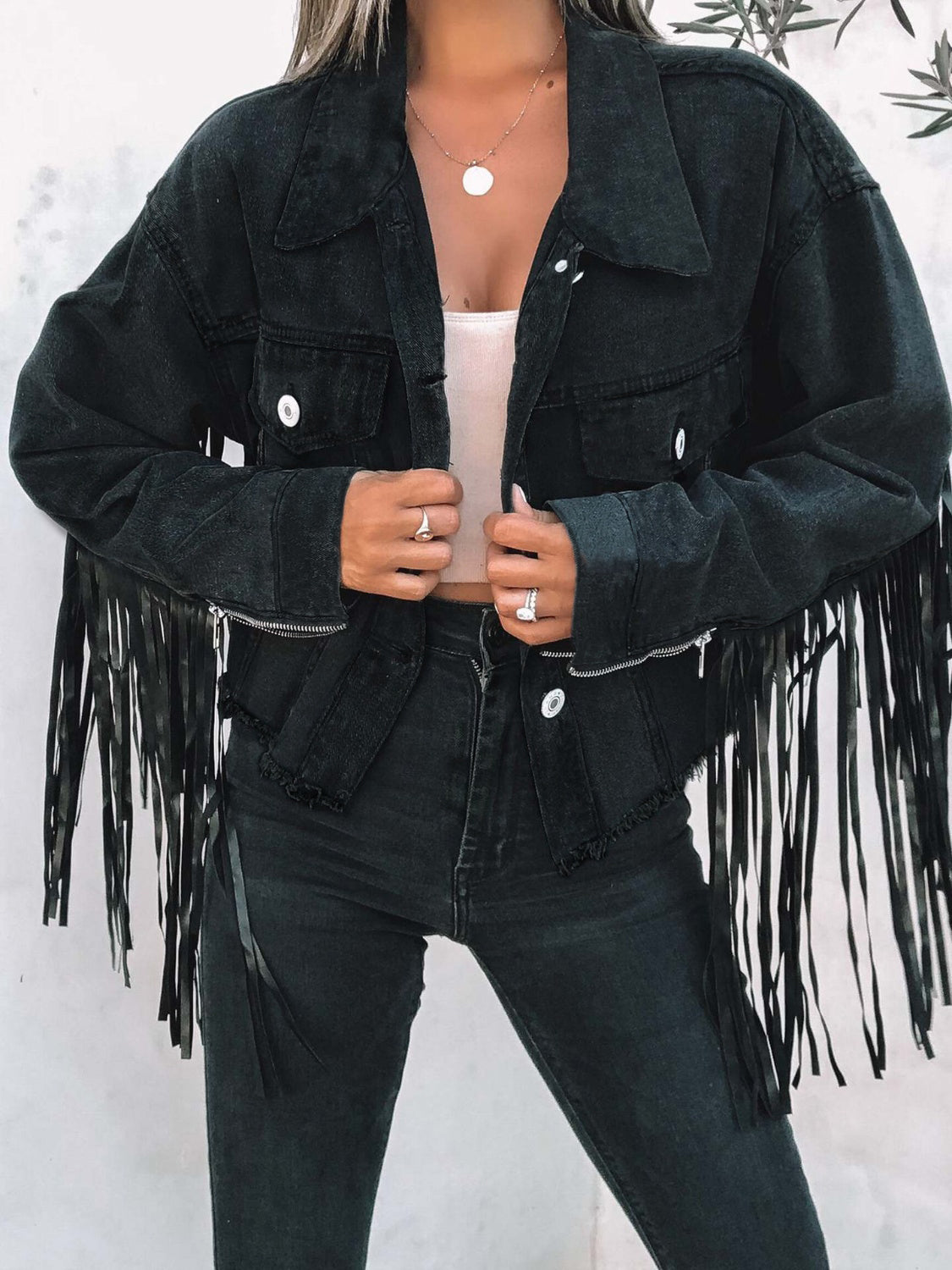 Fringe Button Up Long Sleeve Denim Jacket Sunset and Swim Black S 