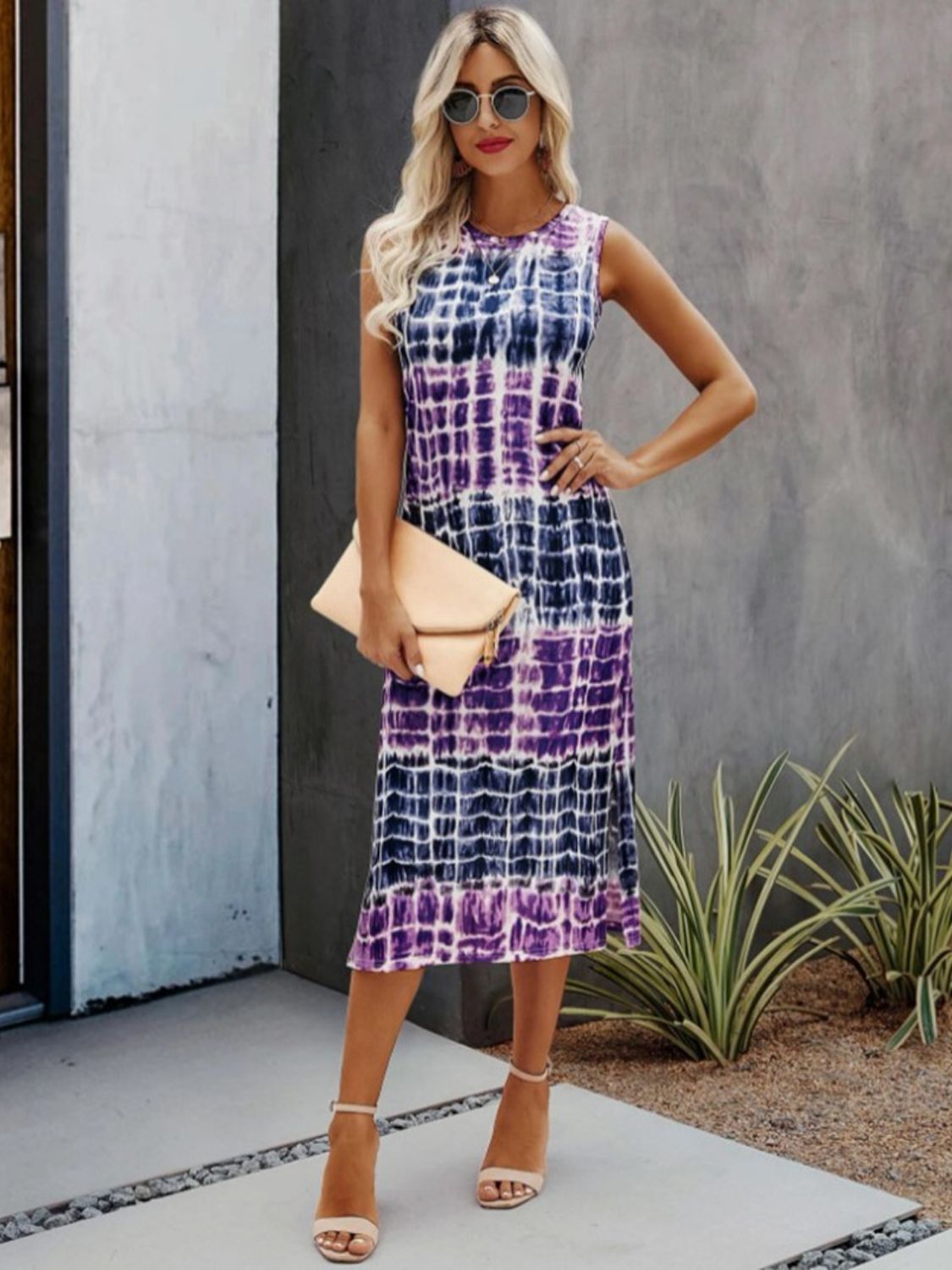 Slit Printed Round Neck Sleeveless Dress Sunset and Swim   