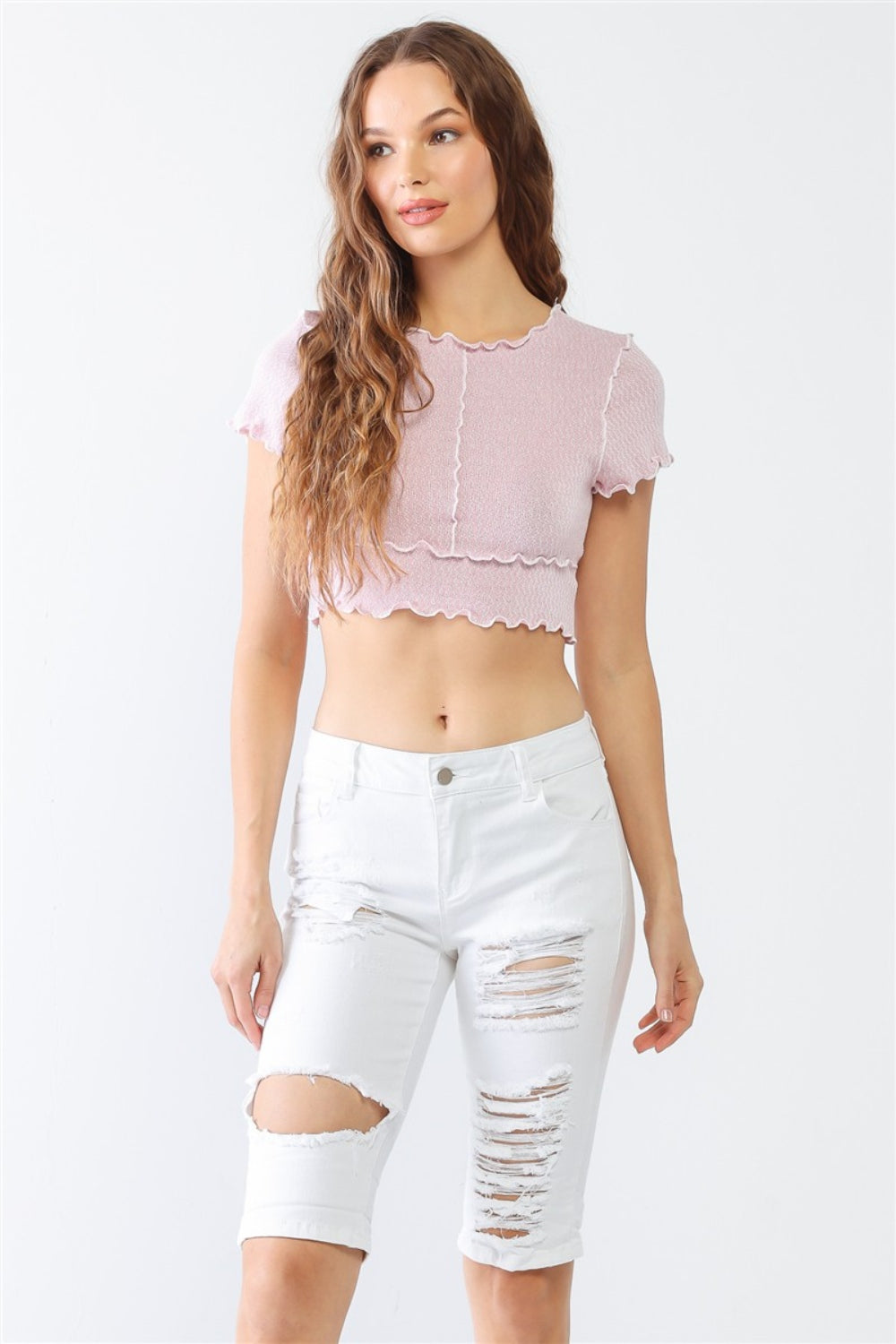 LITZ LA Distressed Bermuda Denim Shorts Sunset and Swim White 26 