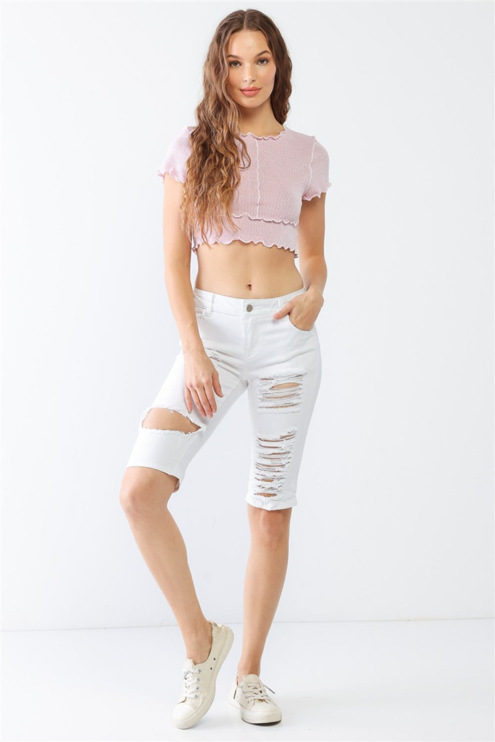 LITZ LA Distressed Bermuda Denim Shorts Sunset and Swim   