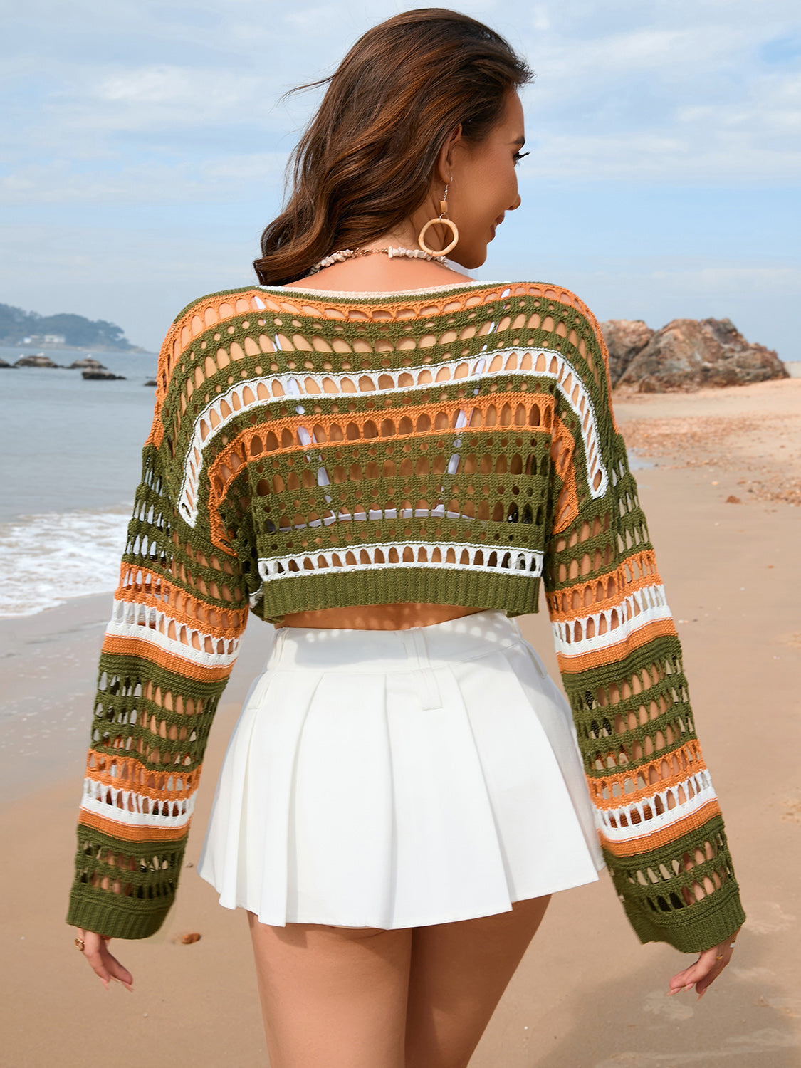Sunset Vacation  Openwork Boat Neck Dropped Shoulder Cover-Up  Sunset and Swim   