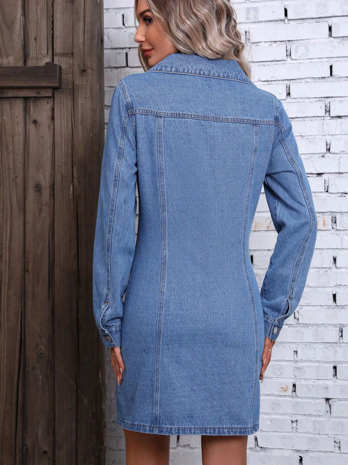 Ruched Button Up Long Sleeve Denim Dress Sunset and Swim   