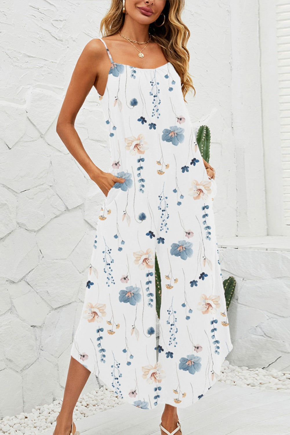 Printed Scoop Neck Wide Leg Jumpsuit Sunset and Swim   