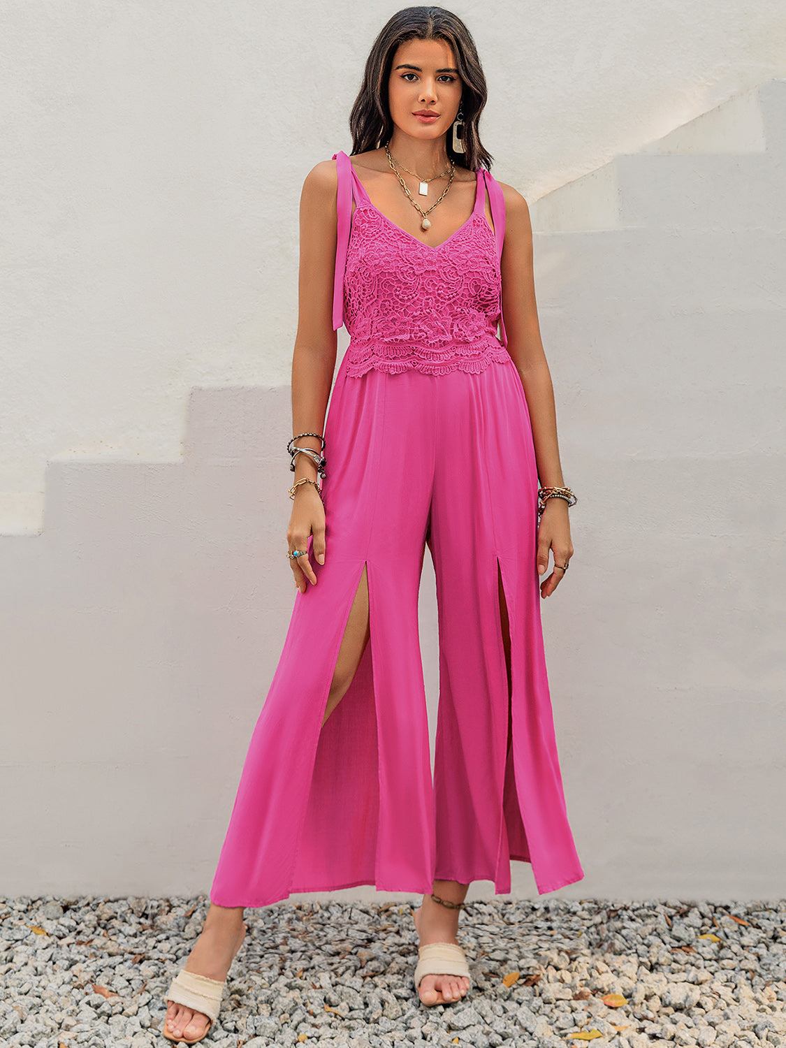 V-Neck Wide Strap Slit Jumpsuit Sunset and Swim Hot Pink S 