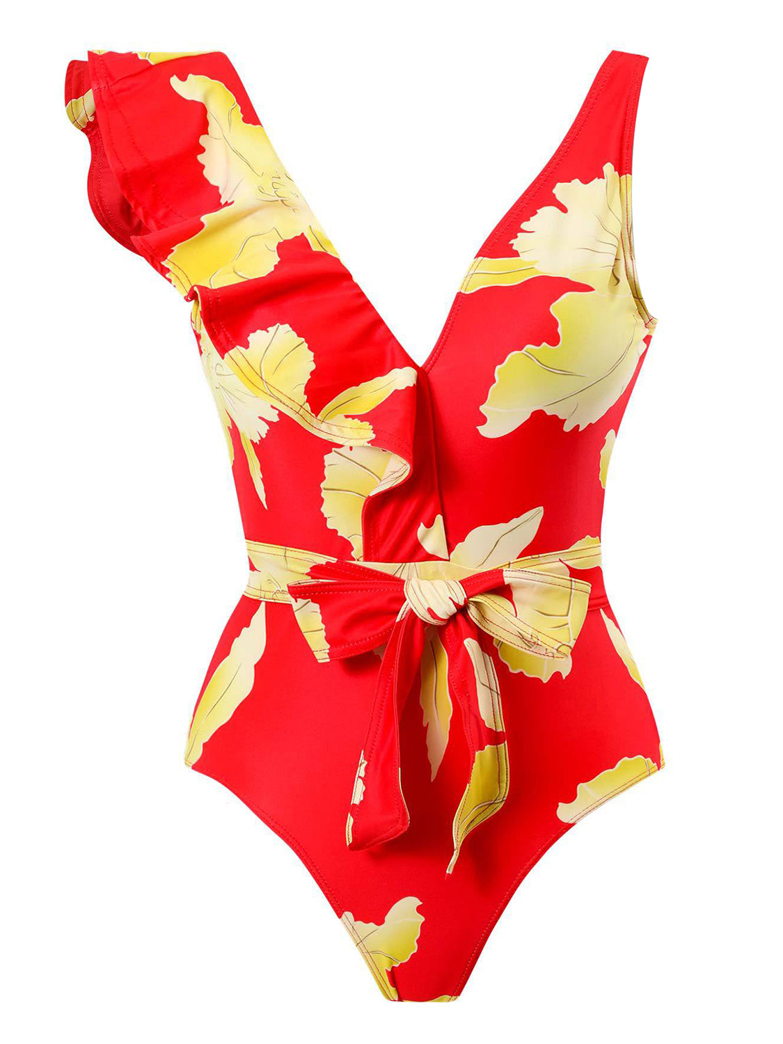 Sunset Vacation  Tied Printed V-Neck Sleeveless One-Piece Swimwear Sunset and Swim Red S 