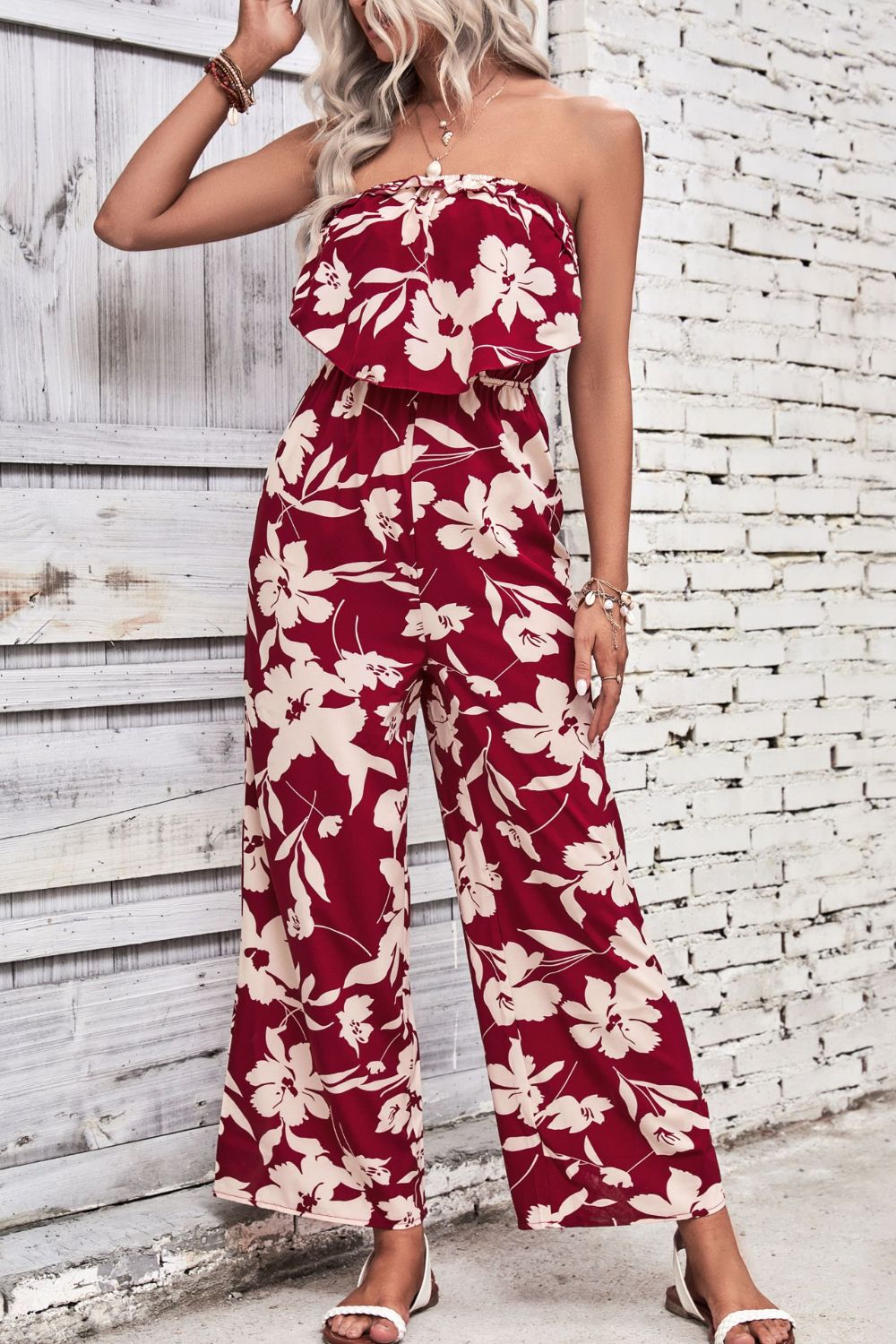 Floral Strapless Wide Leg Jumpsuit  Sunset and Swim Wine S 