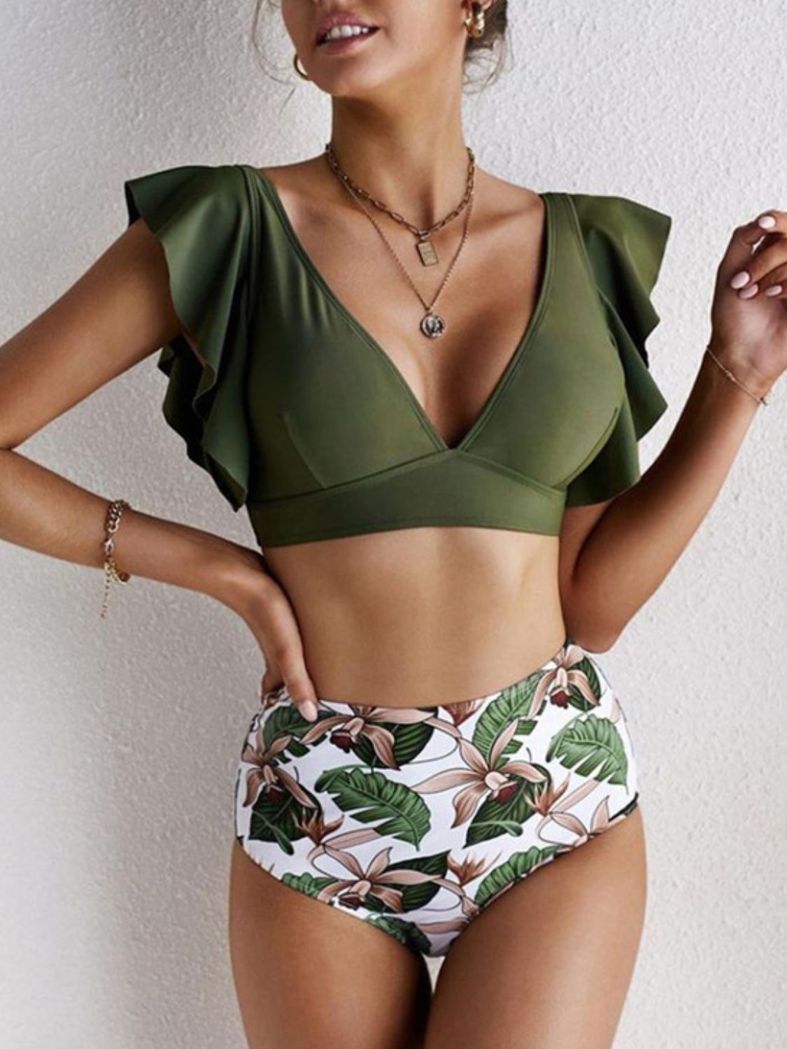 Sunset Vacation Ruffled Printed V-Neck Two-Piece Swim Set Sunset and Swim Army Green S 