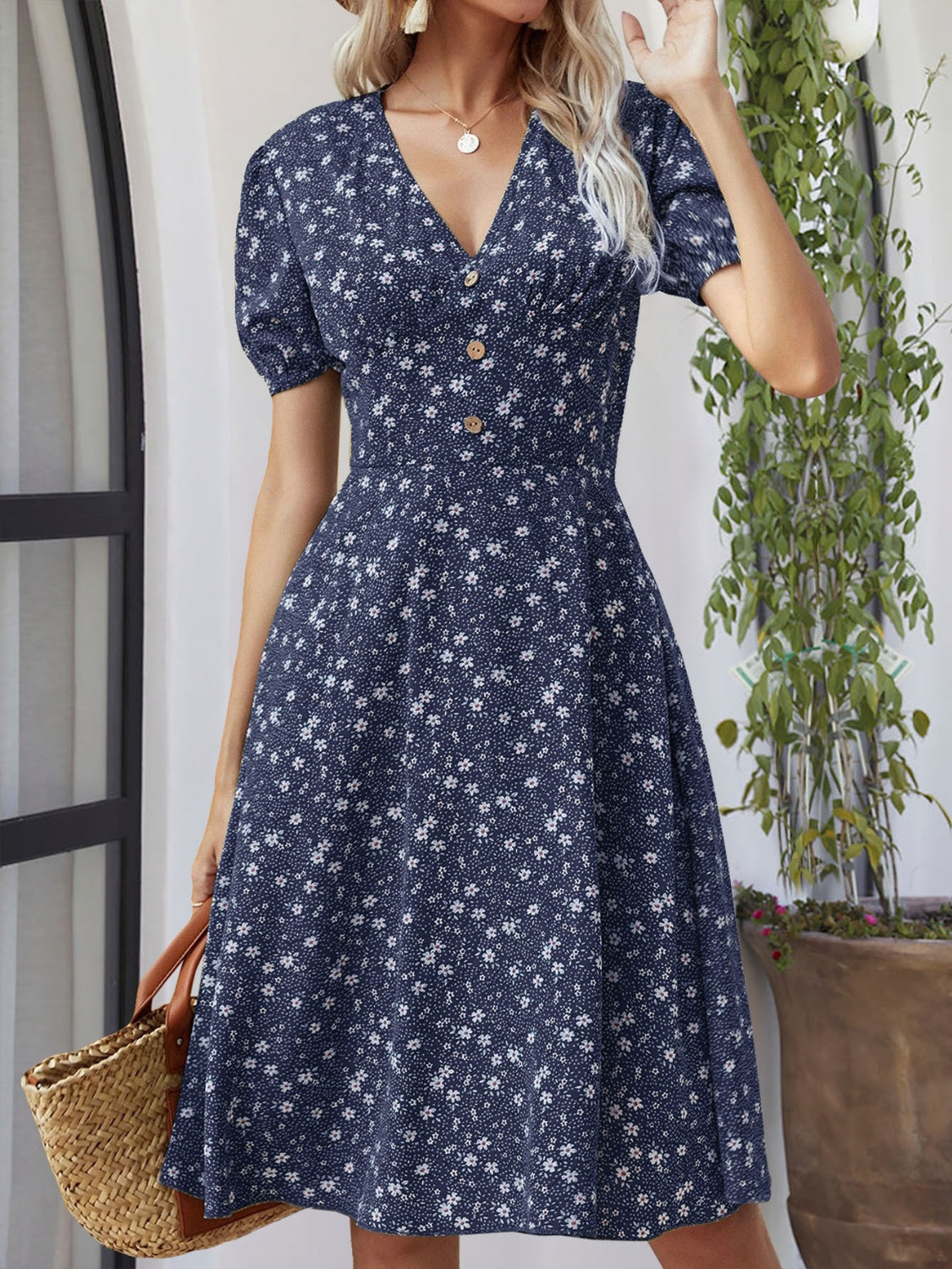 Printed V-Neck Short Sleeve Dress Sunset and Swim Navy S 