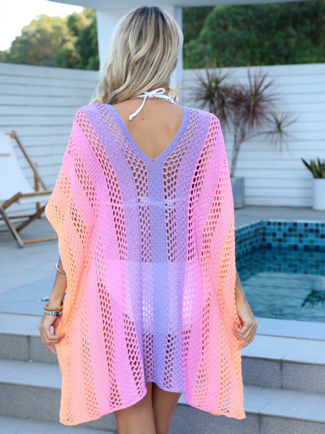 Sunset Vacation  Openwork Contrast V-Neck Beach Cover Up Sunset and Swim   