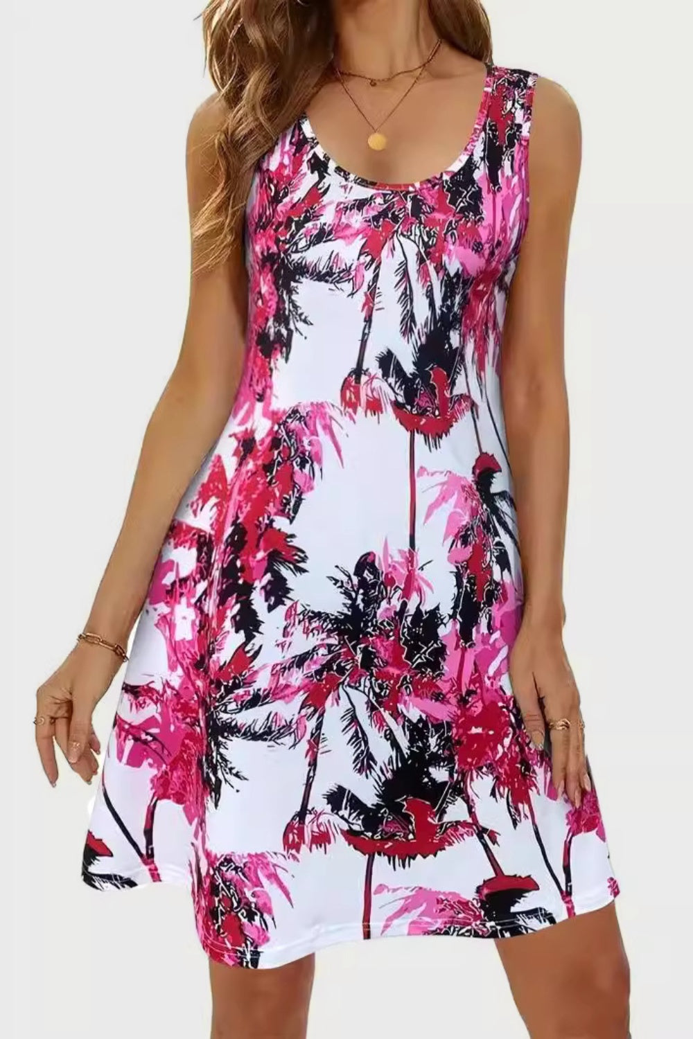 Printed Scoop Neck Wide Strap Mini Dress Sunset and Swim Deep Rose S 