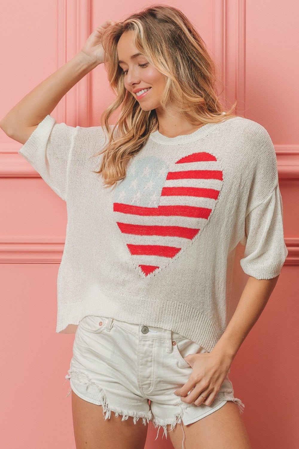 BiBi Striped Heart Contrast Knit Top Sunset and Swim Off White S 
