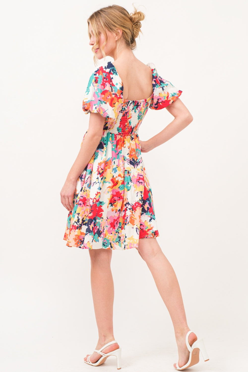 And The Why Square Neck Puff Sleeve Floral Dress Sunset and Swim   