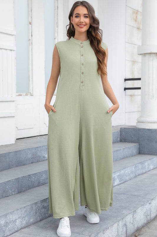 Sunset and Swim  Half Button Wide Leg Jumpsuit with Pockets  Sunset and Swim Light Green S 