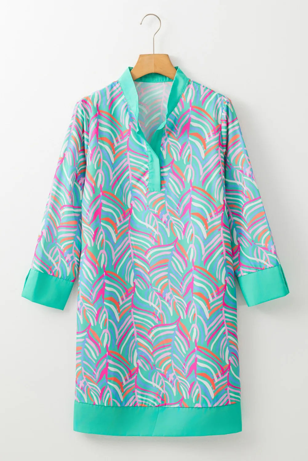 Sunset Vacation Slit Printed Notched Three-Quarter Sleeve Mini Dress Sunset and Swim   