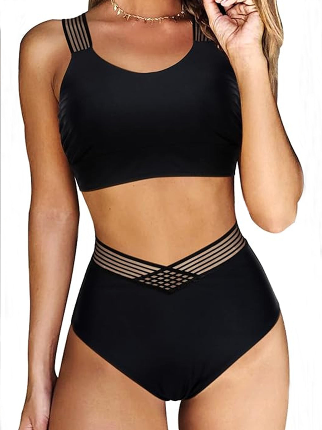 Sunset Vacation  Crisscross Wide Strap Two-Piece Swim Set Sunset and Swim Black S 