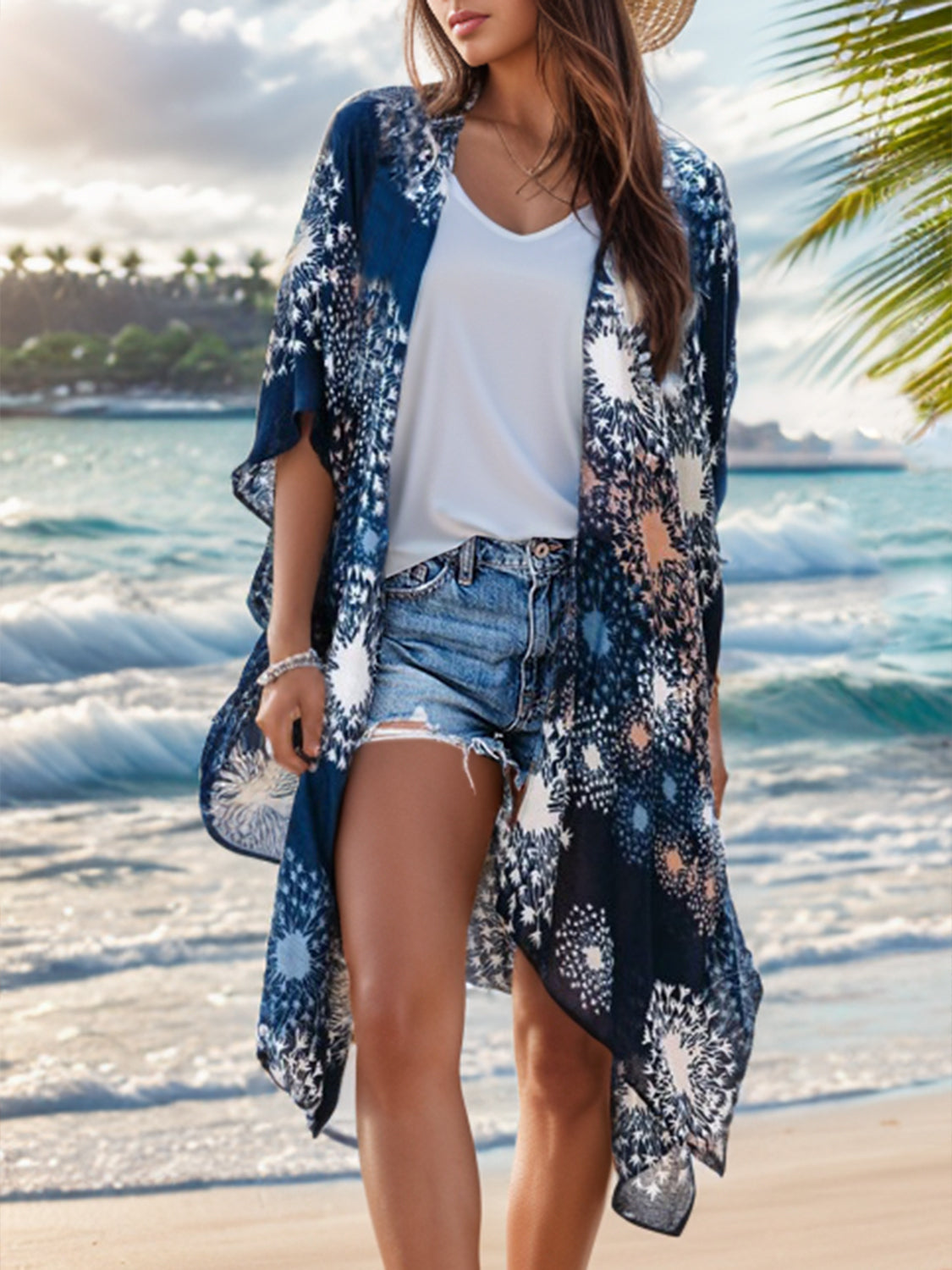 Sunset Vacation  Printed Open Front Cover-Up  Sunset and Swim Cobalt Blue One Size 