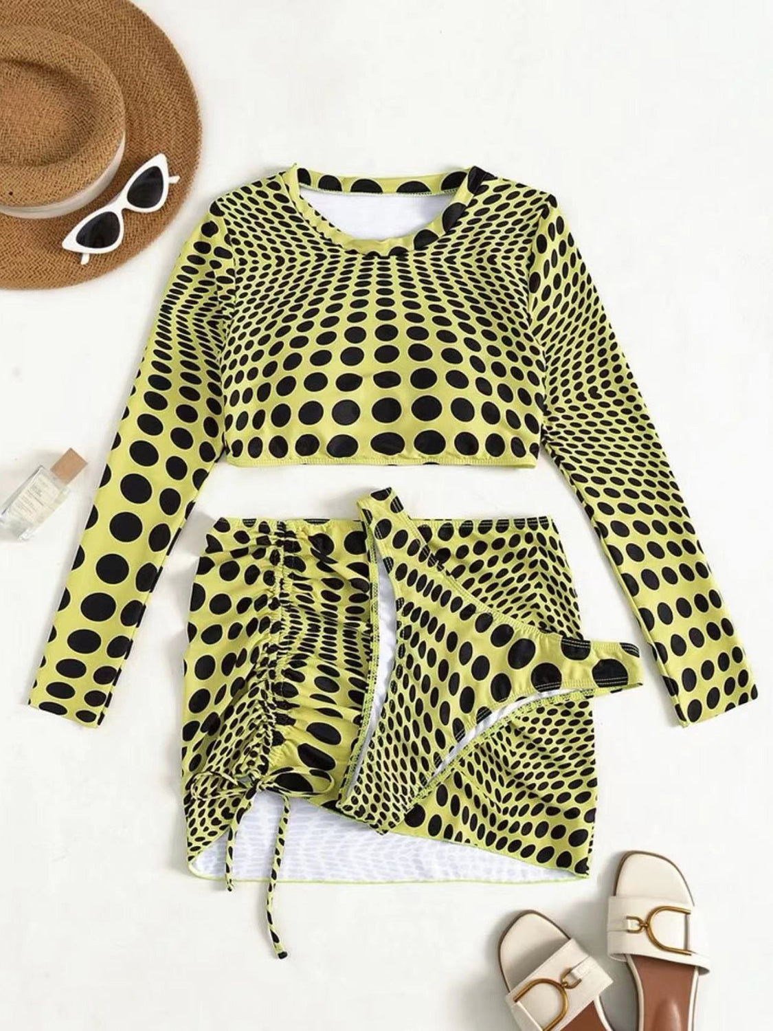 Polka Dot Long Sleeve Three-Piece Swim Set Sunset and Swim   