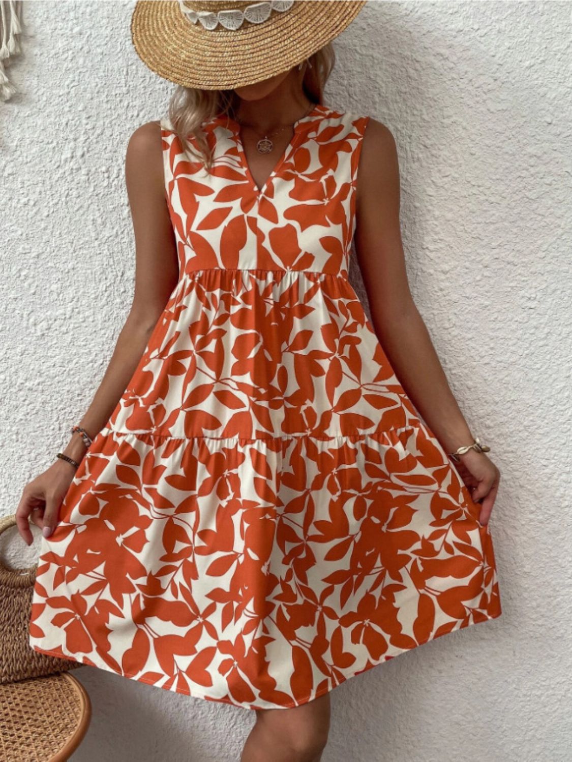 Sunset Vacation Printed Notched Sleeveless Mini Dress Sunset and Swim Orange S 