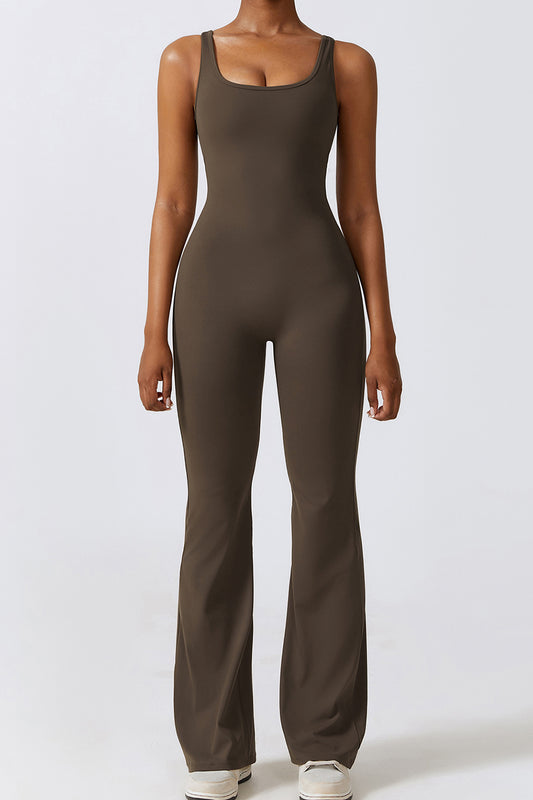 Sunset and Swim  Cutout Ruched Bootcut Sleeveless Active Jumpsuit  Sunset and Swim Burnt  Umber S 