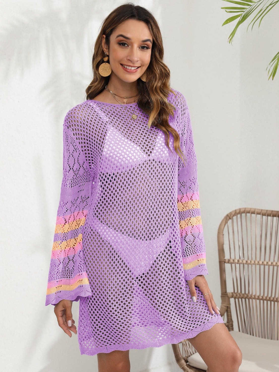 Sunset Vacation  Openwork Contrast Long Sleeve Cover-Up Sunset and Swim Heliotrope Purple One Size 