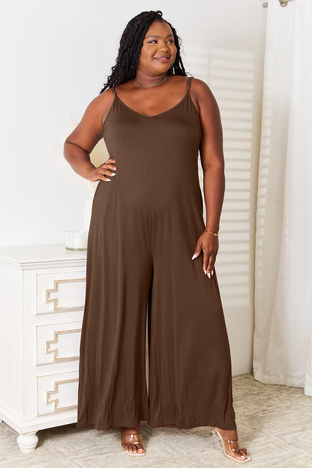 Double Take Plus Size Soft Rayon Spaghetti Strap Tied Wide Leg Jumpsuit Sunset and Swim Mocha S 