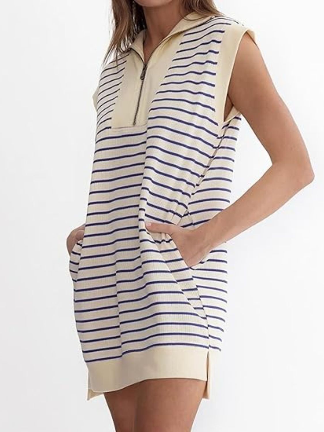 Sunset Vacation Full Size Pocketed Striped Quarter Zip Cap Sleeve Dress Sunset and Swim   