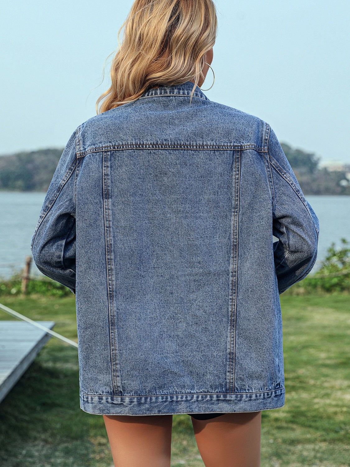 Studded Button Up Long Sleeve Denim Jacket Sunset and Swim   