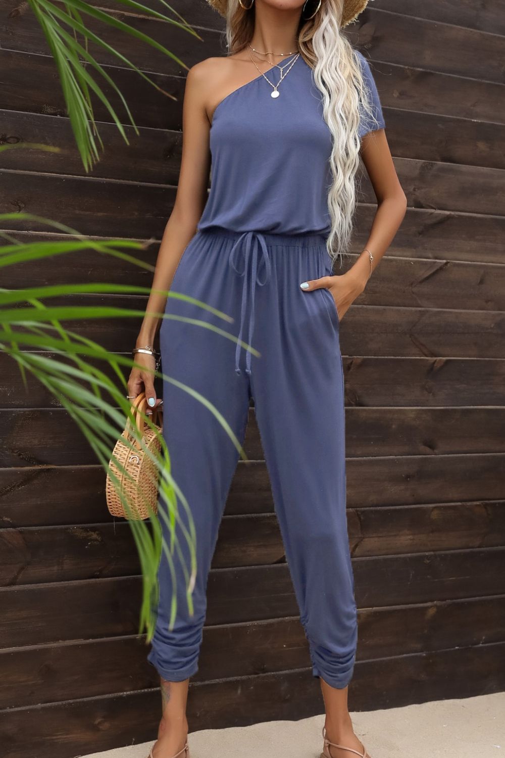 Drawstring Waist One-Shoulder Jumpsuit with Pockets Sunset and Swim Periwinkle S 