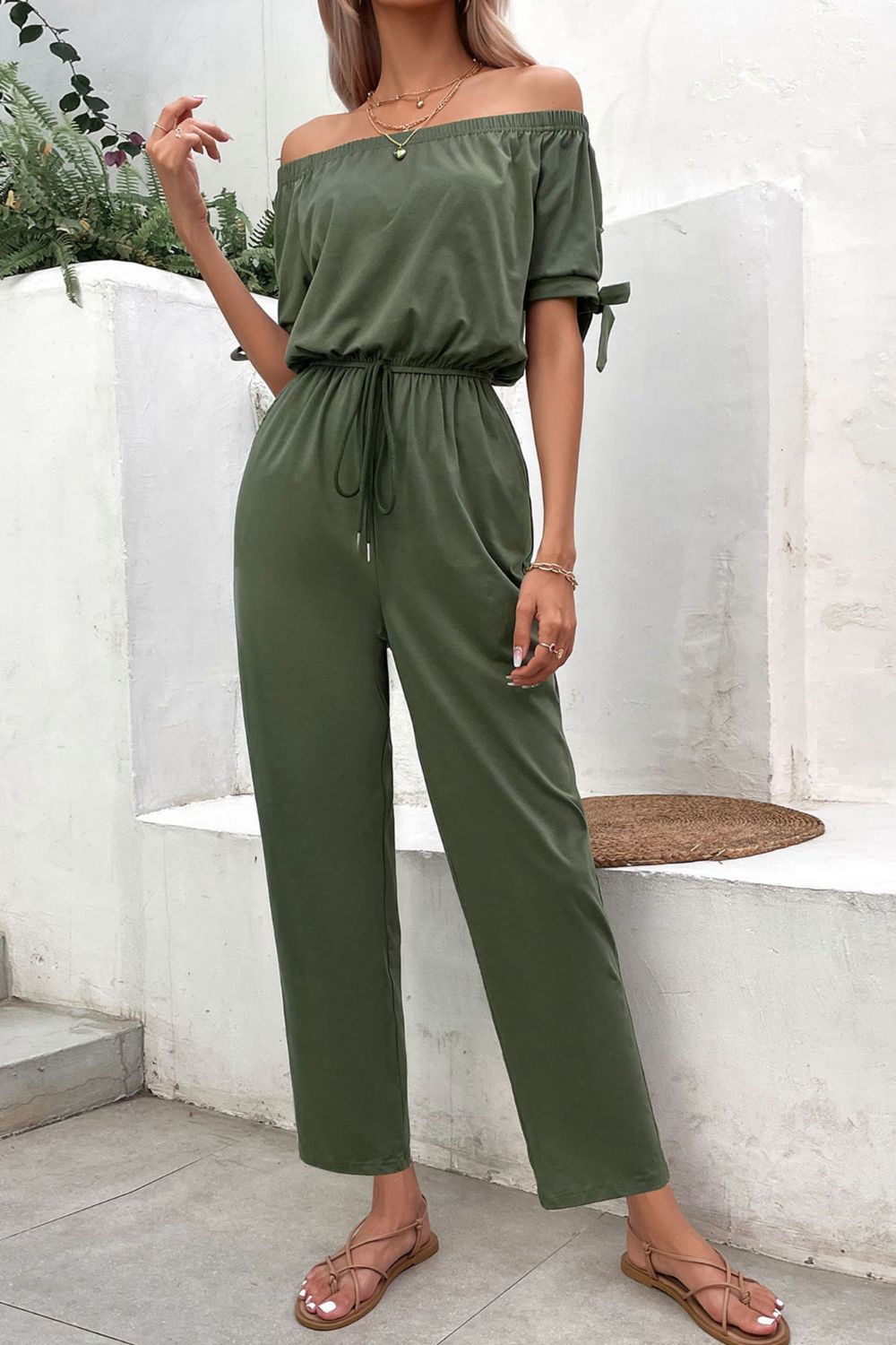 Off-Shoulder Tie Cuff Jumpsuit with Pockets Sunset and Swim   