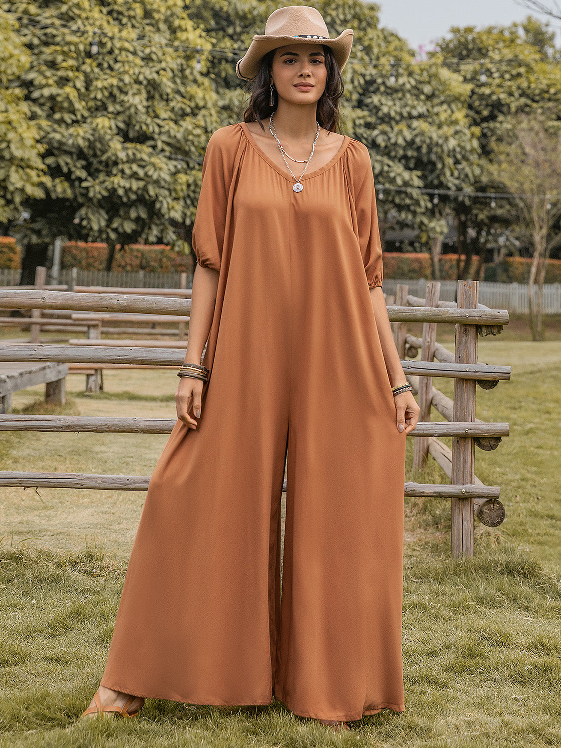 Scoop Neck Half Sleeve Wide Leg Jumpsuit Sunset and Swim   