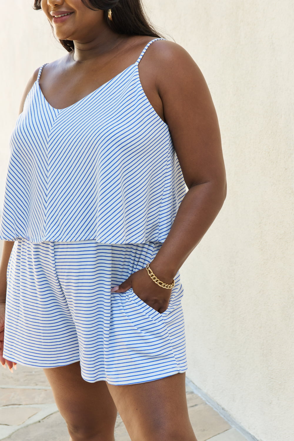 Culture Code Let It Happen Full Size Double Flare Striped Romper in Cobalt Blue Sunset and Swim   