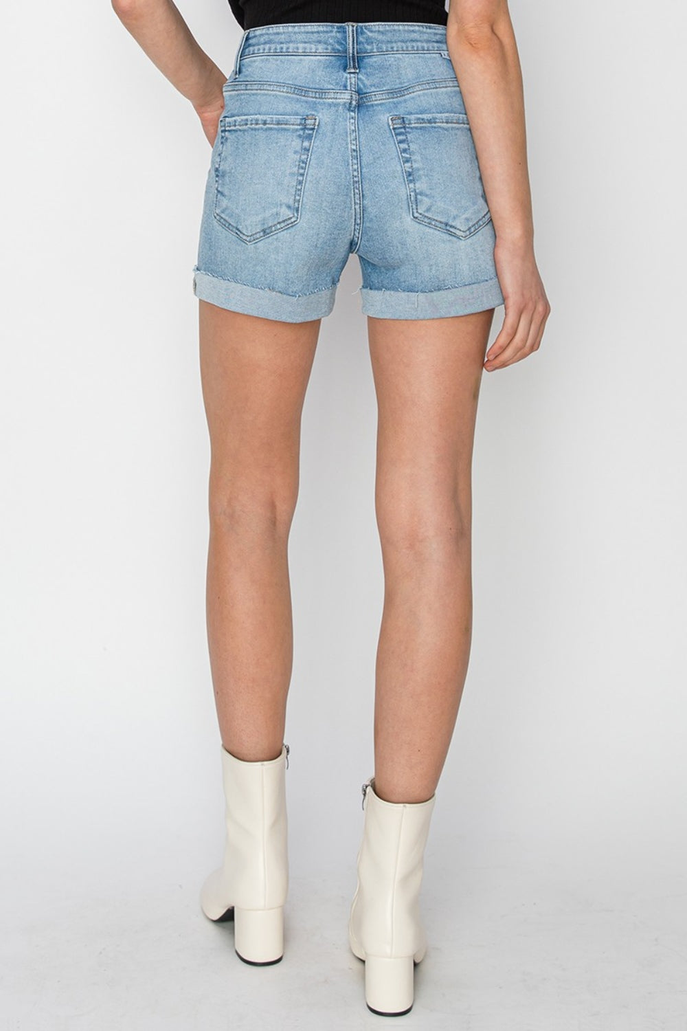 RISEN Distressed Mid-Rise Waist Denim Shorts Sunset and Swim   