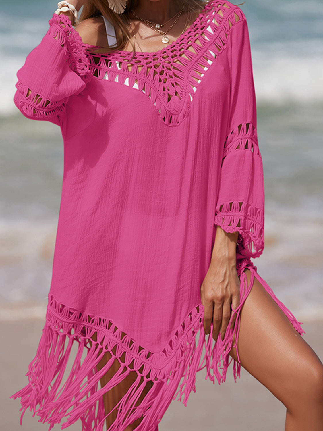 Sunset Vacation  Cutout Fringe Scoop Neck Beach Cover Up Sunset and Swim Hot Pink One Size 