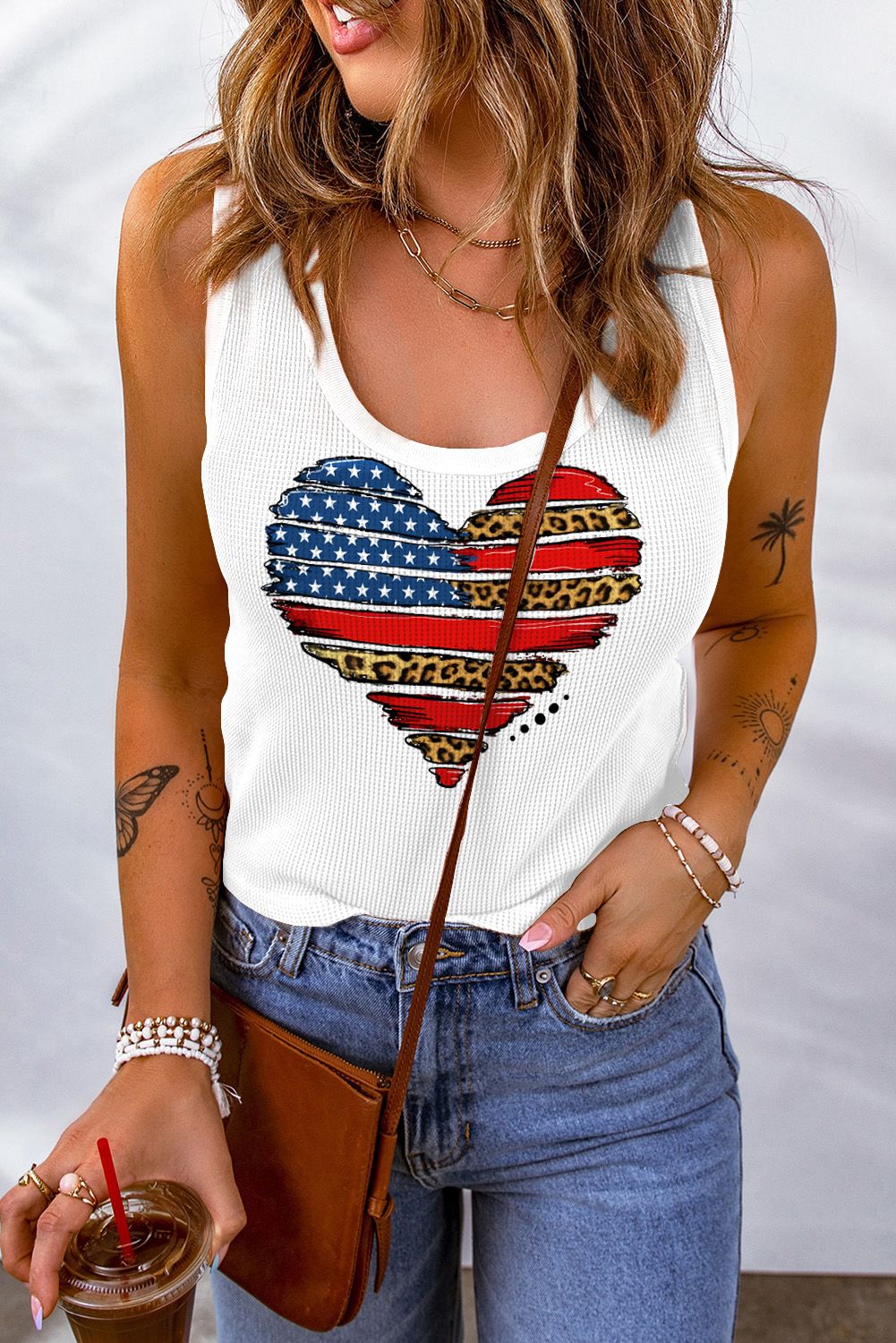 Star and Stripe Heart Graphic Scoop Neck Tank Sunset and Swim White S 