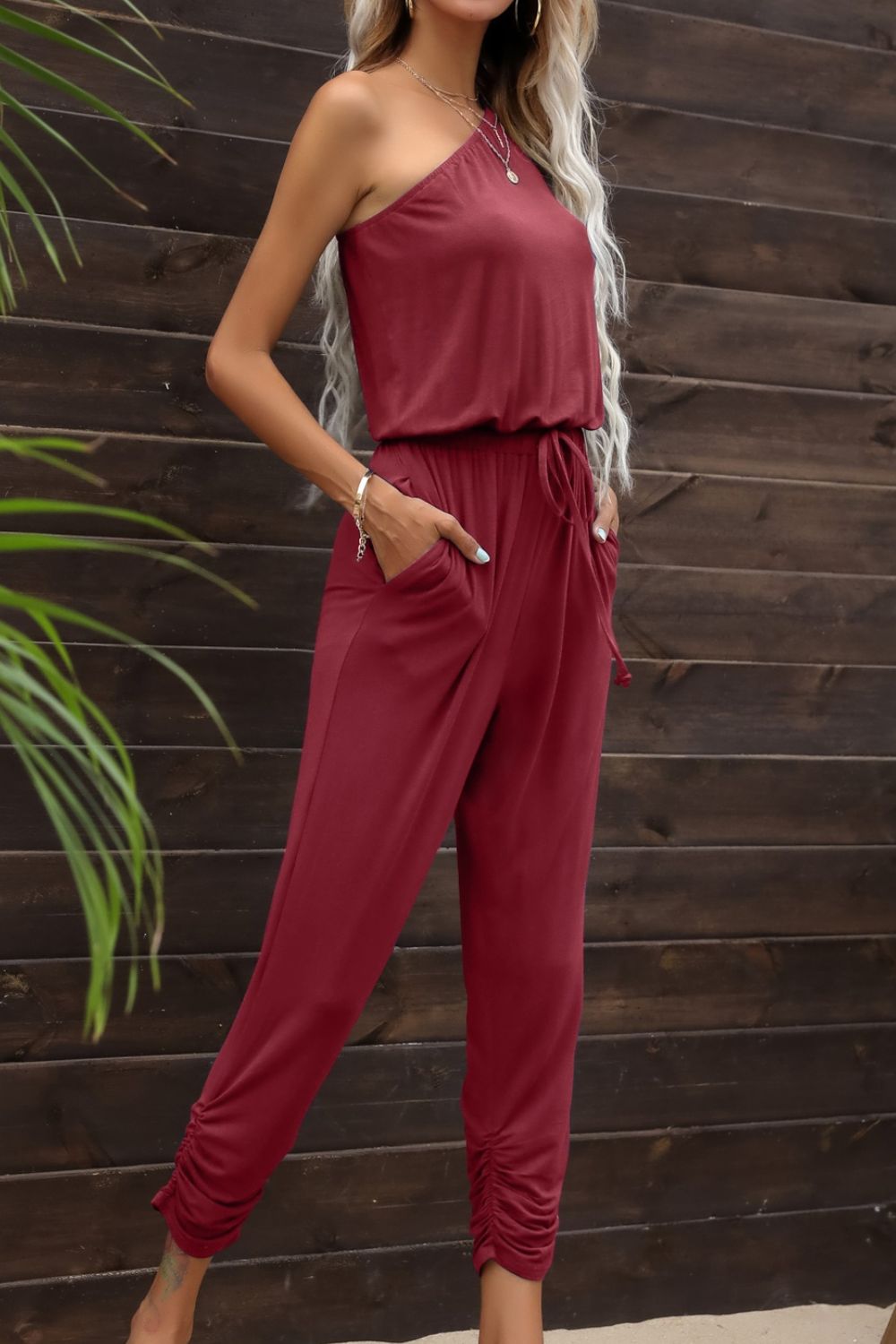 Drawstring Waist One-Shoulder Jumpsuit with Pockets Sunset and Swim   