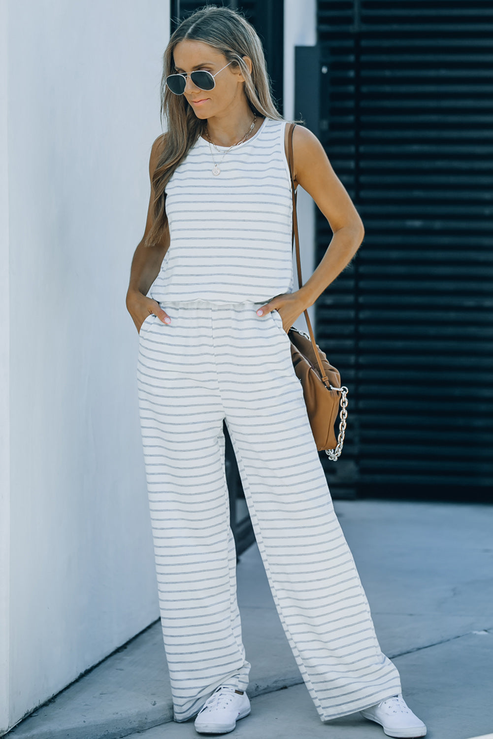 Sunset and Swim Striped Sleeveless Jumpsuit with Pockets Sunset and Swim White S 