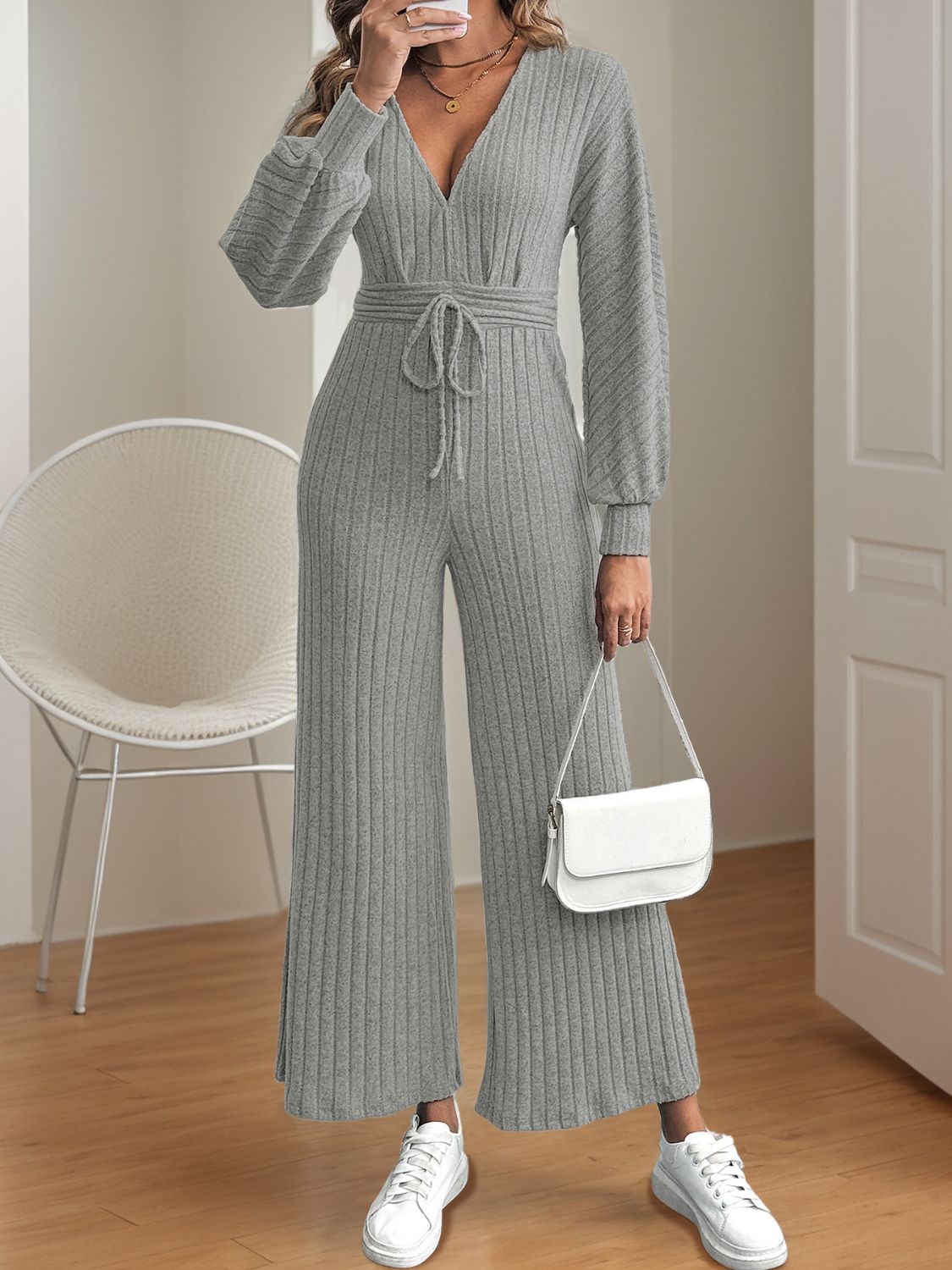 Sunset Vacation V-Neck Long Sleeve Wide Leg Jumpsuit Sunset and Swim   