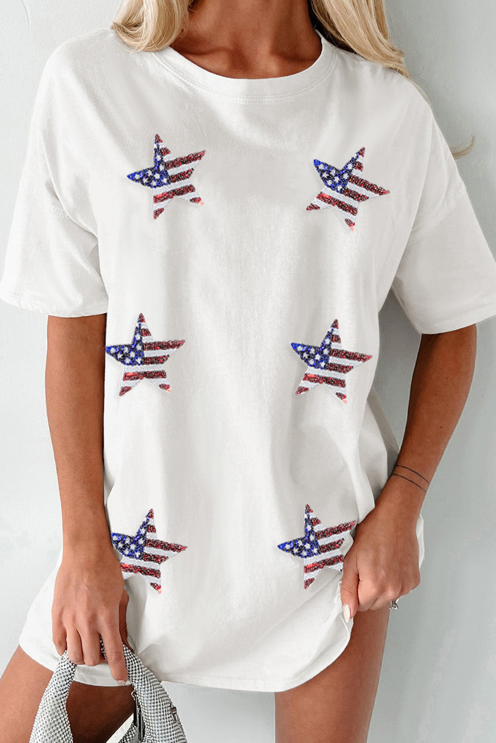 US Flag Star Round Neck Half Sleeve Oversize T-Shirt Sunset and Swim White S 