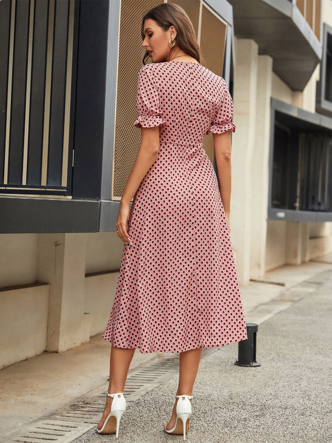 Printed V-Neck Flounce Sleeve Midi Dress Sunset and Swim   